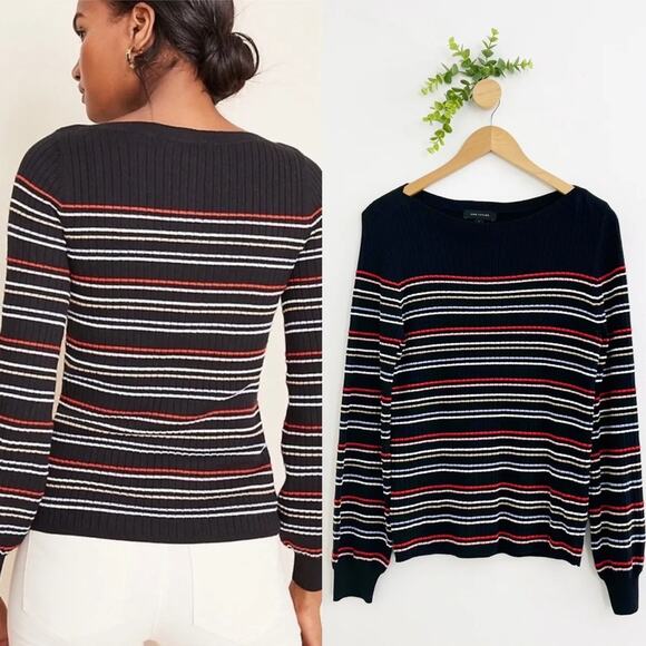 Ann Taylor Knit Striped Sweater Black Bishop Sleeve - Picture 2 of 7